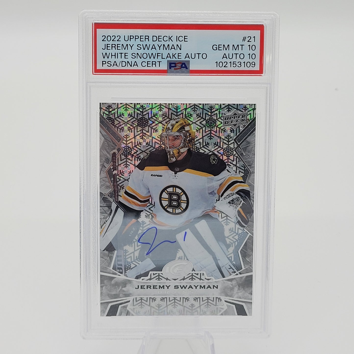 Jeremy Swayman 2022-23 Upper Deck Ice Hockey White Snowflake Auto PSA 10/10