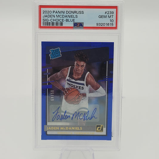 Jaden McDaniels 2020 Donruss Rated Rookie Sig-Choice-Blue PSA 10 #'d /49