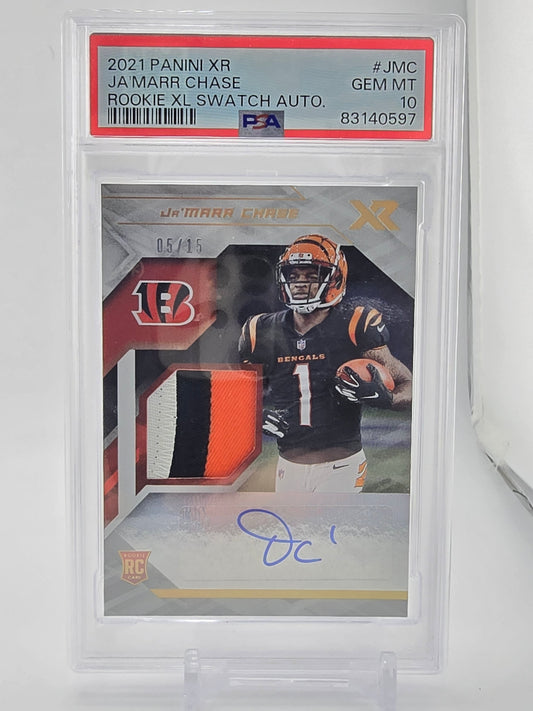 Ja'Marr Chase 2021 Panini XR Rookie XL Swatch Auto 5/15 PSA 10